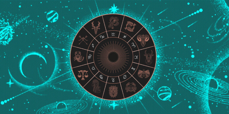 Astrology wheel with zodiac signs on outer space background. Sta