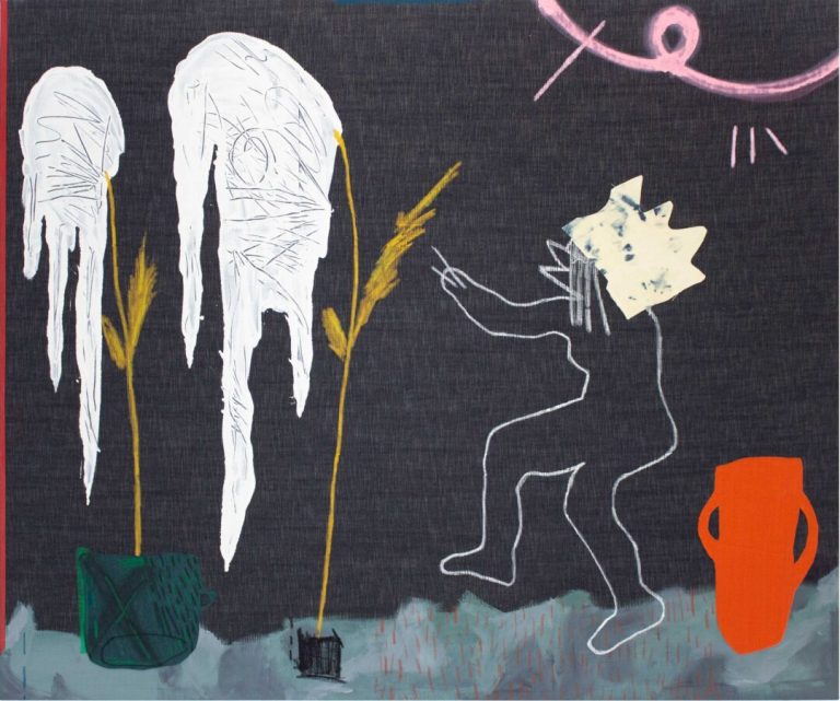 Flower-Picker_2024_acrylics-oilpastel-pencil-spray-paint-textiles-and-bleach-on-denim_-150x180_web2-1080x902