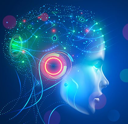 Artificial intelligence in humanoid head with neural network thinks. AI with Digital Brain is learning processing big data, analysis information. Face of cyber mind. Technology background concept.