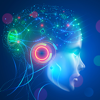 Artificial intelligence in humanoid head with neural network thinks. AI with Digital Brain is learning processing big data, analysis information. Face of cyber mind. Technology background concept.